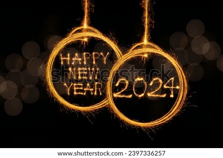Hand draw golden Happy new year 2024 text with Sparkle in  fireworks combined on gold unfocused light  on black background