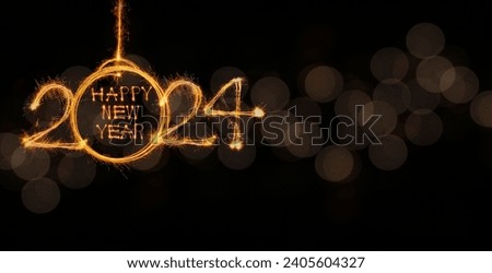 Hand draw golden Happy new year 2024 text with Sparkle in  fireworks light  on golden bokebh ackground
