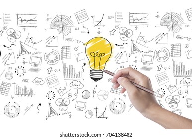 hand draw lightbulb on wall background. concept for new ideas with innovation and creativity.