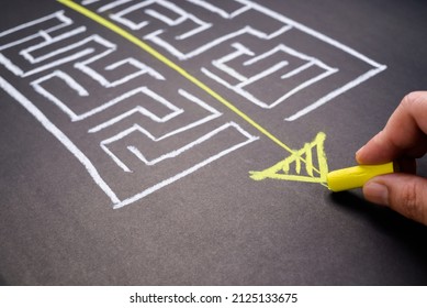 Hand draw a shorten straight way to go through the complication of a maze game, easier process, simplify in communication, or fast solution concept - Shutterstock ID 2125133675