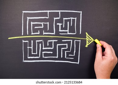 Hand draw a shorten straight way to go through the complication of a maze game, easier process, simplify in communication, or fast solution concept