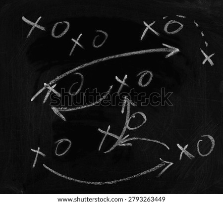 Hand draw strategy game plan for football, basketball, handball, sketched white chalk on chalkboard, design elements	