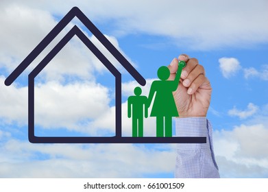 Hand Drawing Adult Paper Doll Child House Blue Sky Clouds