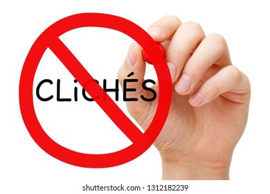 Hand drawing avoid Cliches prohibition sign originality concept with red marker on transparent wipe board isolated on white.  - Shutterstock ID 1312182239