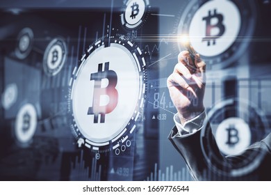 Hand drawing bitcoin and business statistic on virtal screen. Cryptocurrency and trade concept. - Shutterstock ID 1669776544