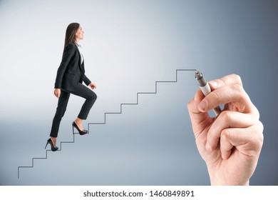 Hand drawing businesswoman walking up stairs subtle background  Leadership   career concept 