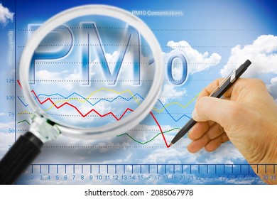 Hand Drawing A Chart About Particulate Matter Emission (PM10) In The Air - Concept Image Seen Through A Magnifying Glass.