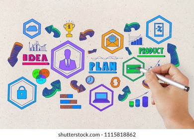 Hand drawing creative business sketch on concrete wall background. Success and leadership concept  - Shutterstock ID 1115818862