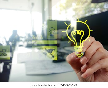 Hand Drawing Creative Business Strategy With Light Bulb As Concept