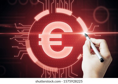 Hand drawing creative glowing red euro icon interface hud.  Technology and money concept.