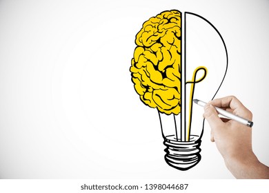 Hand Drawing Creative Lamp And Brain Sketch On White Backdrop. Idea, Innovation And Brainstorm Concept