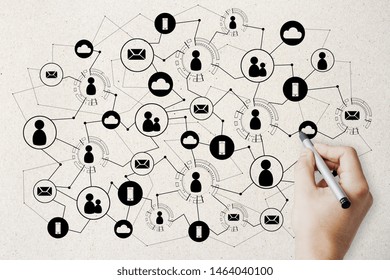 Hand Drawing Creative Social Network Interface On White Wall Background. Media, HR And Networking Concept