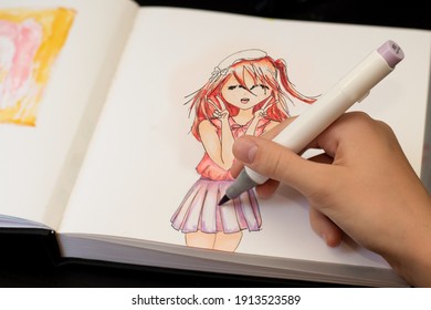 Hand Drawing A Cute Girl Anime Style Sketch With Alcohol Based Sketch Drawing Markers.