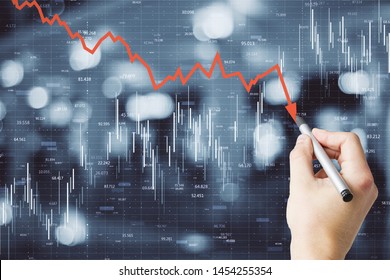 Hand drawing downward red arrow on blurry city background. Decrease, growth and economy concept. Multiexposure  - Powered by Shutterstock