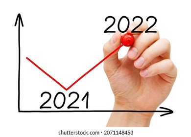 Hand drawing economy recovery business graph for the new year 2022 with marker on transparent wipe board isolated on white. 