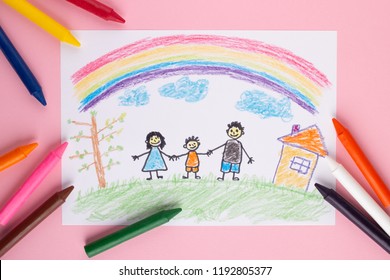 Hand Drawing Family Mom Dad And Kid Rainbow With Crayons On Pink Background