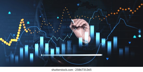 Hand drawing financial graphs and charts, holographic elements on a dark backdrop. Concept of market analysis, forex, trade, and profit