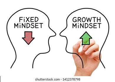Hand drawing Fixed Mindset vs Growth Mindset success concept with black marker on transparent wipe board.