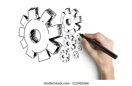 hand drawing gears white background