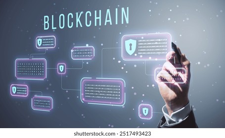 Hand drawing holographic blockchain elements with binary code, shields, and locks on a digital interface background, representing data security and privacy - Powered by Shutterstock