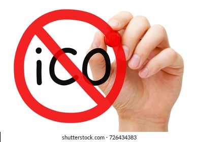 Hand Drawing ICO - Initial Coin Offering Prohibition Sign Concept With Marker On Transparent Wipe Board. 