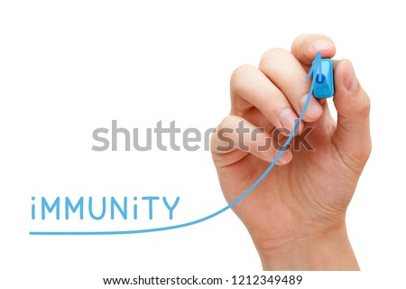 Hand drawing increasing Immunity graph with blue marker on transparent wipe board isolated on white.