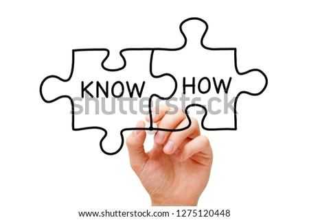 Hand drawing Know How jigsaw puzzle concept with black marker on transparent wipe board isolated on white. 
