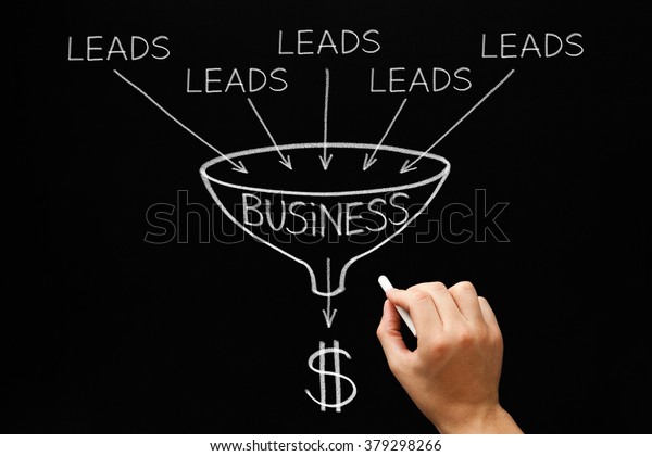 Hand drawing Lead Generation Business Funnel\
concept with white chalk on blackboard.\
