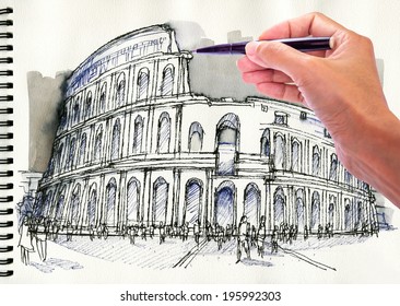 Hand Drawing Painting Watercolor Illustration Colosseum Stock Photo ...