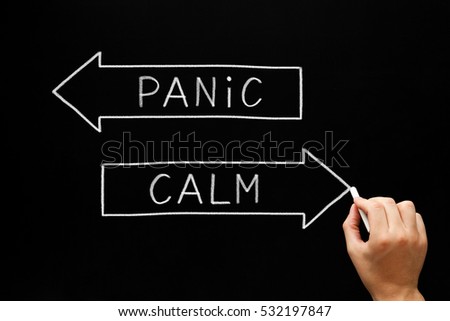 Hand drawing Panic or Calm concept with white chalk on blackboard. 