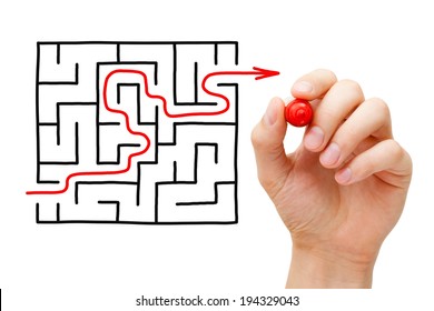 Hand Drawing An Red Arrow Going Through A Maze. Concept About Finding A Solution To A Difficult Task.