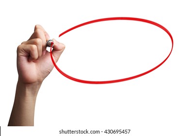 Hand Is Drawing A Red Circle On The Transparent Screen.