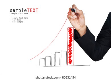Hand drawing a red growing graph, isolate on white background with copy space for text. Business and finance concept.