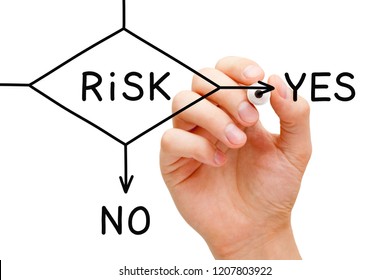 Hand Drawing Risk Yes Or No Flow Chart With Black Marker On Transparent Wipe Board Isolated On White.