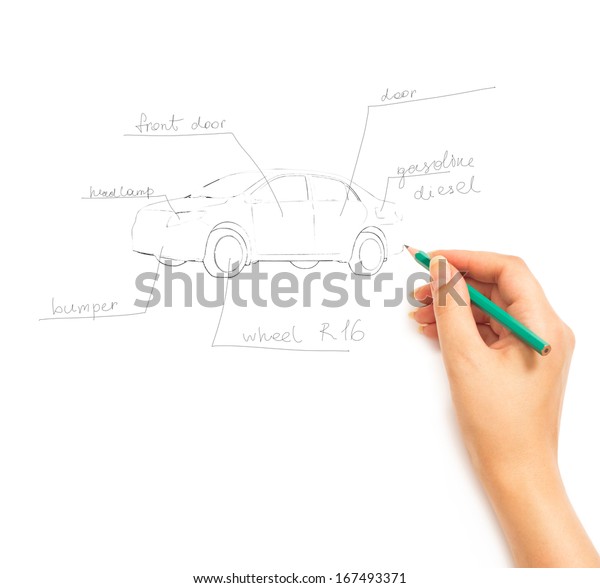 Hand drawing\
scheme of car on white\
background