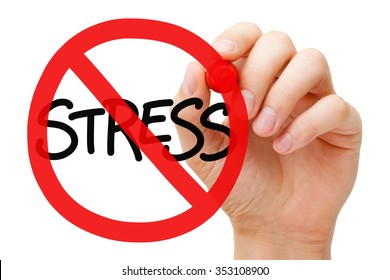 Hand drawing Stress prohibition sign concept with marker on transparent wipe board. Reduce stress.