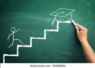 Hand Drawing Student Climbing The Stairs To Arrive At The Graduation, Gain His Success