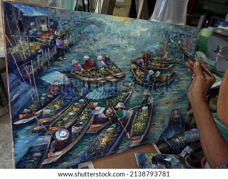    Hand drawn ,  Art painting Oil color Floating market Thailand , countryside                           