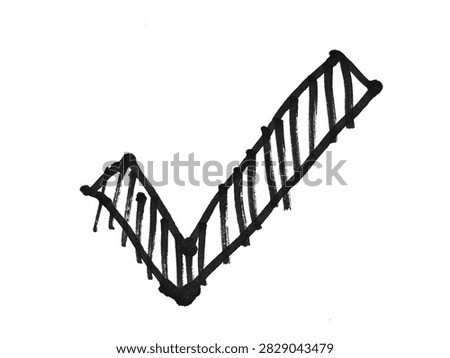 Hand Drawn Black Check Mark Doodle with Hatched Texture, Sketchy Tick Symbol for Checklist, Approval, Voting, Selection and Choice Concept. 