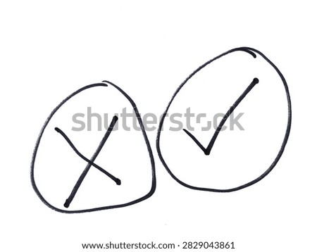 Hand Drawn Black Check Mark and Cross Icons in Circles Isolated on White Background, Sketchy Approval, Rejection, Choice and Decision Symbols. 