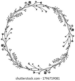 Hand Drawn black and white tiny botanical bouquet wreath. Monochrome creative tropical flower frame for greeting card, modern hand lettering.