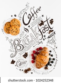 Hand Drawn Breakfast Lettering Typography with classic Phrases, Real sweet foods, cakes and coffee beens in a vintage composition. - Shutterstock ID 1024252348