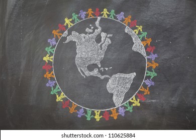 A Hand Drawn Chalkboard Shows Multi-ratial People Holding Hands Around The World To Show Care For The Earth, Peace, And Unity