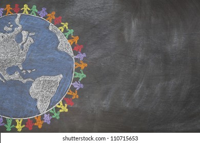 A hand drawn chalkboard shows multi-ratial people holding hands around the world to show care for the earth, peace, and unity.  Shown off centered for copy-space. - Powered by Shutterstock