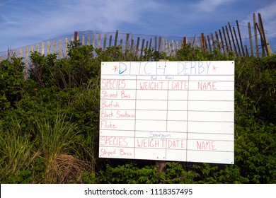 Hand Drawn Fishing Contest Sign On Dunes In Montauk