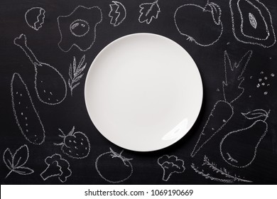 Hand Drawn Food On Chalkboard And Empty White Plate, Top View. Mockup For Restaurant Menu With Copy Space On Platter