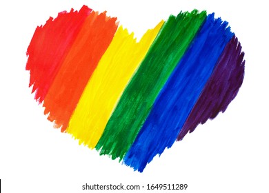 Hand drawn heart in LGBTQ community rainbow flag colors on white background isolated close up, painted colored LGBT pride symbol, lesbian and gay community love sign, greeting card design, copy space - Powered by Shutterstock