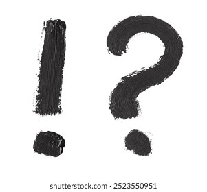 Hand drawn paint black brush stroke question mark and exclamation mark isolated on white background.