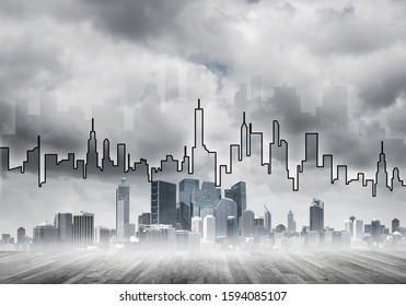 Hand drawn silhouette above modern cityscape with towers and skyscrapers