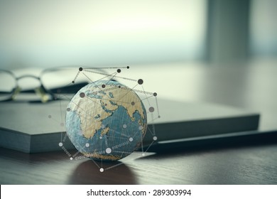 hand drawn texture globe with blank social media diagram on digital tablet computer as internet concept 